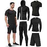 Antoyo 5Pcs Men Compression Workout Set,Compression Pants Shirt Top Long Sleeve Jacket for Gym,Men Athletic Baselayer Sets