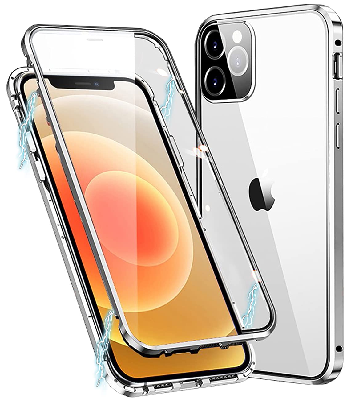 MIMGOAL Case for iPhone 11 Pro Max Magnetic Cover 360 Degree Full Body Shockproof [Built-in Camera Lens Protector] Metal Bumper with Front and Back Clear Tempered Glass, Silver