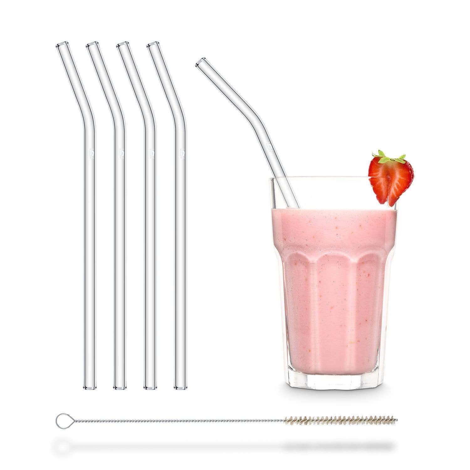 Schott Halm Glass Drinking Straw, Made in Germany, Set of 4, Includes Cleaning Brush, Glass, transparent, 23 cm gebogen