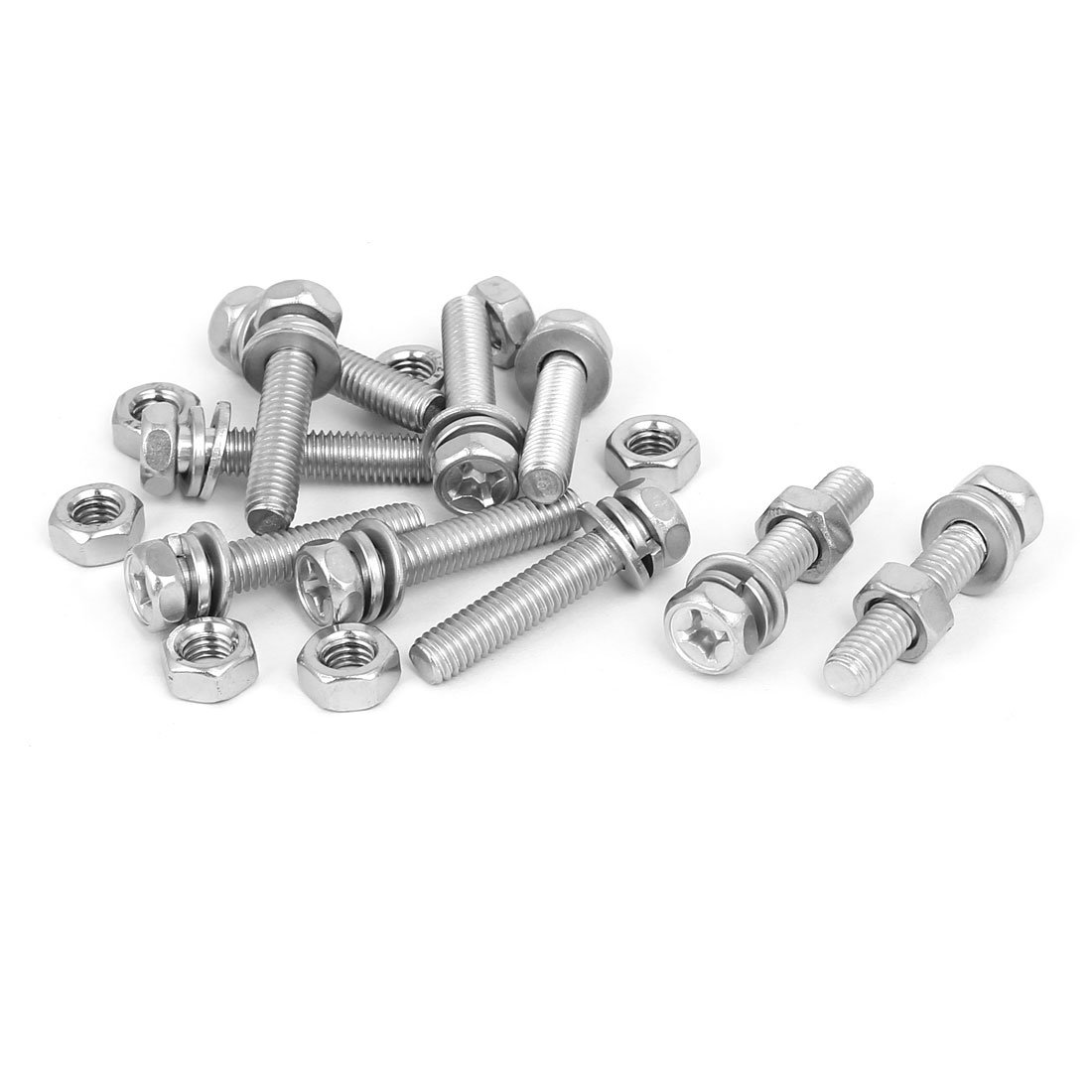 Sourcingmap M6 x 30mm 304 Stainless Steel Phillips Hex Head Bolts Nuts w Washers 10 Sets