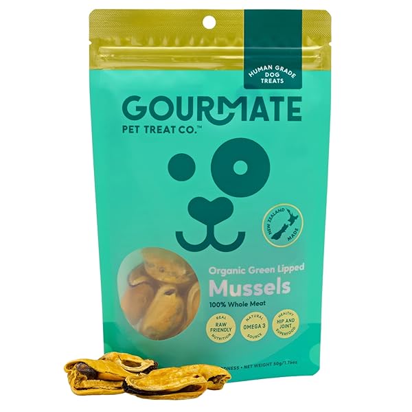 GOURMATE PET TREAT CO. GREEN LIPPED MUSSELS FOR DOGS – HUMAN GRADE DOG TREATS – 100% NATURAL, FREEZE DRIED SNACK WITH OMEGA-3, GLUCOSAMINE & CHONDROITIN FOR HEALTHY COAT & JOINT SUPPORT – 50G/1.76OZ