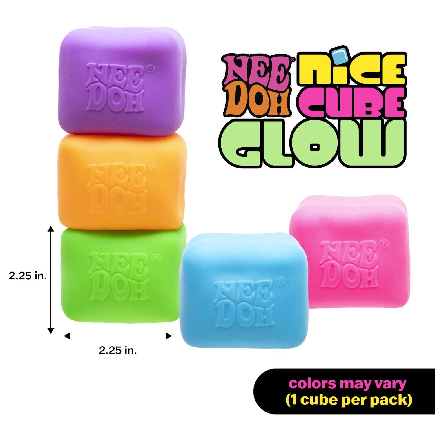 Schylling NeeDoh Nice Cube Glow - Sensory Toy with a Super Solid Squish - Glows in The Dark and Always Returns to its Square Shape - Ages 3 and Up - Color May Vary; One Cube Per Pack