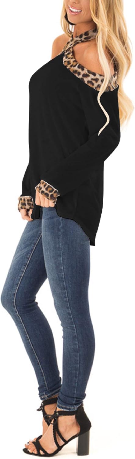 Minclouse Women's Off The Shoulder Long Sleeve Tunic Tops Fall Casual Leopard Print Sexy Blouse Criss Cross Strappy Shirts at  Women’s Clothing store