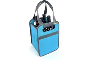 meori Foldable 4 Bottle Wine Tote Azure Blue Organize Crate Glass Dividers Stylish Travel Storage Box Liquor Spirits Tastings Grocery Shopping Hostess Gift, A100815