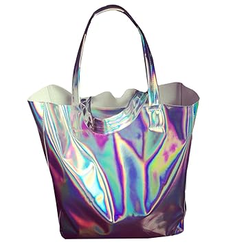AiSi Holographic Pu Shopper Large Tote Handbag Shoulder Bag for Women Silver