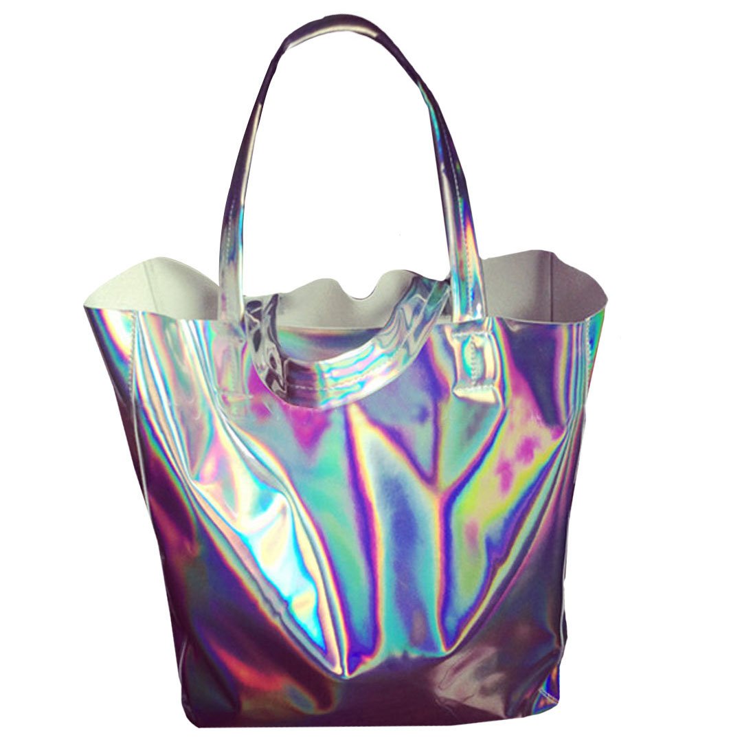 Holographic PU Shopper Large Tote Handbag Shoulder Bag for Women Silver