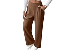 EVALESS Womens Wide Leg Work Pants Straight Elastic High Waisted Double Button Trousers Business Casual Pants with Pockets
