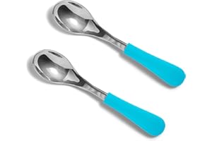 Avanchy Baby Spoons, Forks Stainless Steel and Silicone Set, Self Feeding Food Utensils, 4 Months Baby Led Weaning