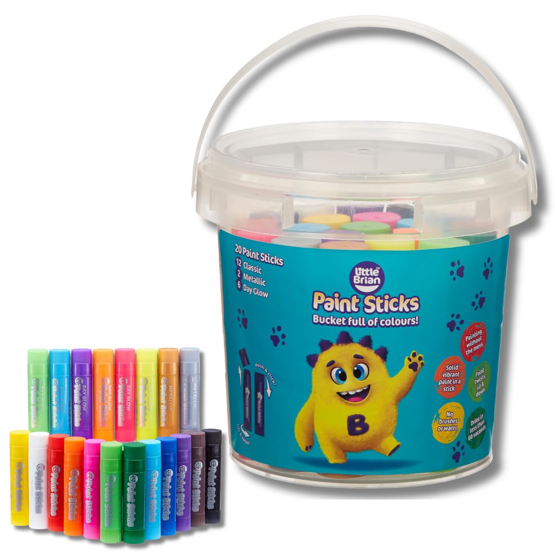 Little Brian Paint Sticks For Kids - 20 Pack Assorted Colours & Fun Storage Bucket - Mess-Free, Easy Clean Up, Fast Drying Action, Vibrant Colours, Multi-Surface, Twist & Paint
