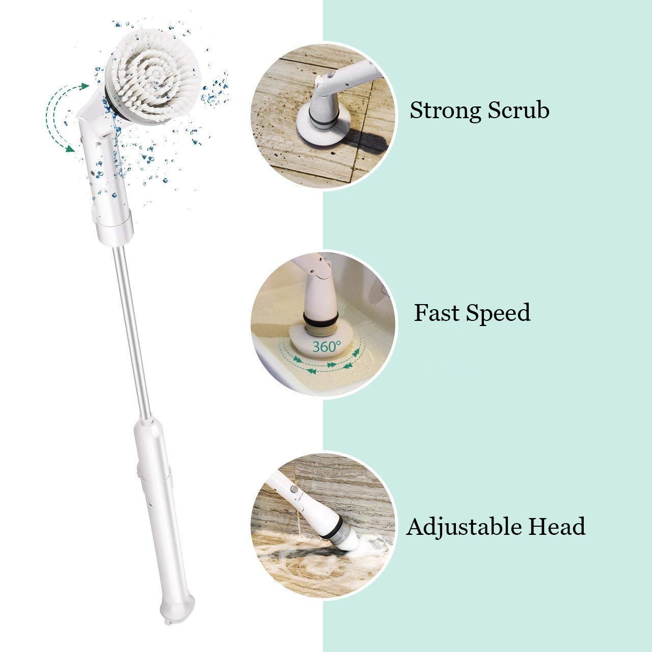 amzdeal Electric Floor Scrubber, 360 Cordless Bathroom Scrubber with 4 Replaceable Brushes and 1 Extendable Handle for Home Use