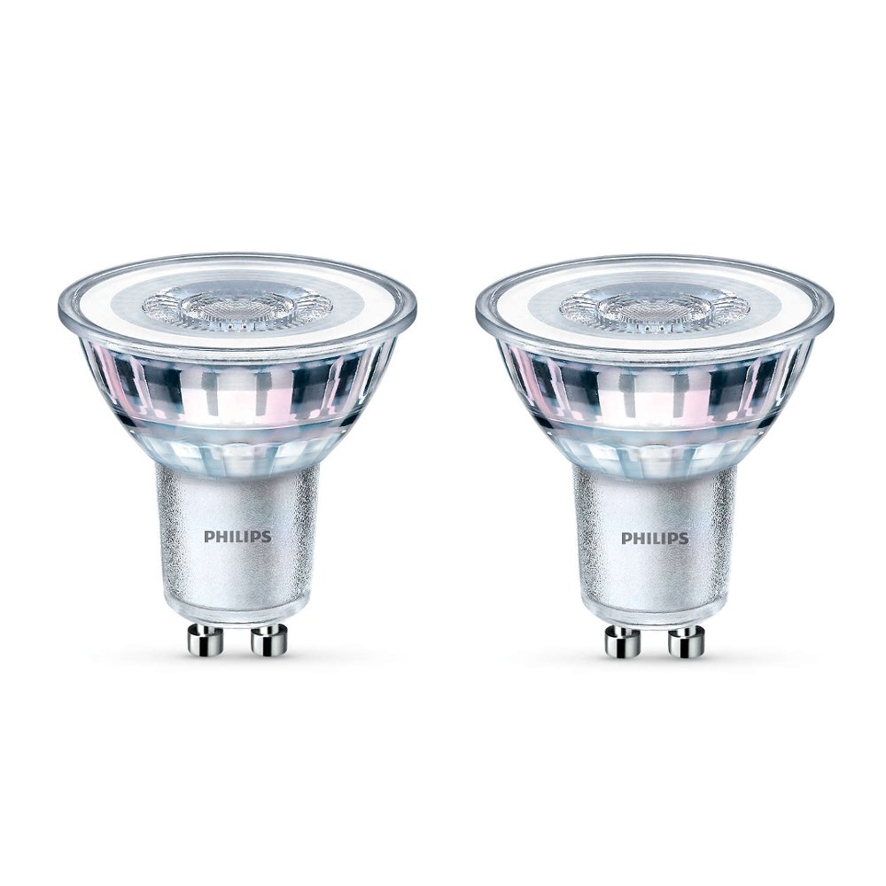 2 x Philips LED Glass 4.6w GU10 50w A+ Spot Light Bulbs Lamp 355lm - Warm White