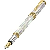 Xezo Maestro Fountain Pen, Fine Nib. Oceanic Origin White Mother of Pearl with 18 Karat Gold and Pure Platinum Plating. Handcrafted, Limited Edition, Serialized