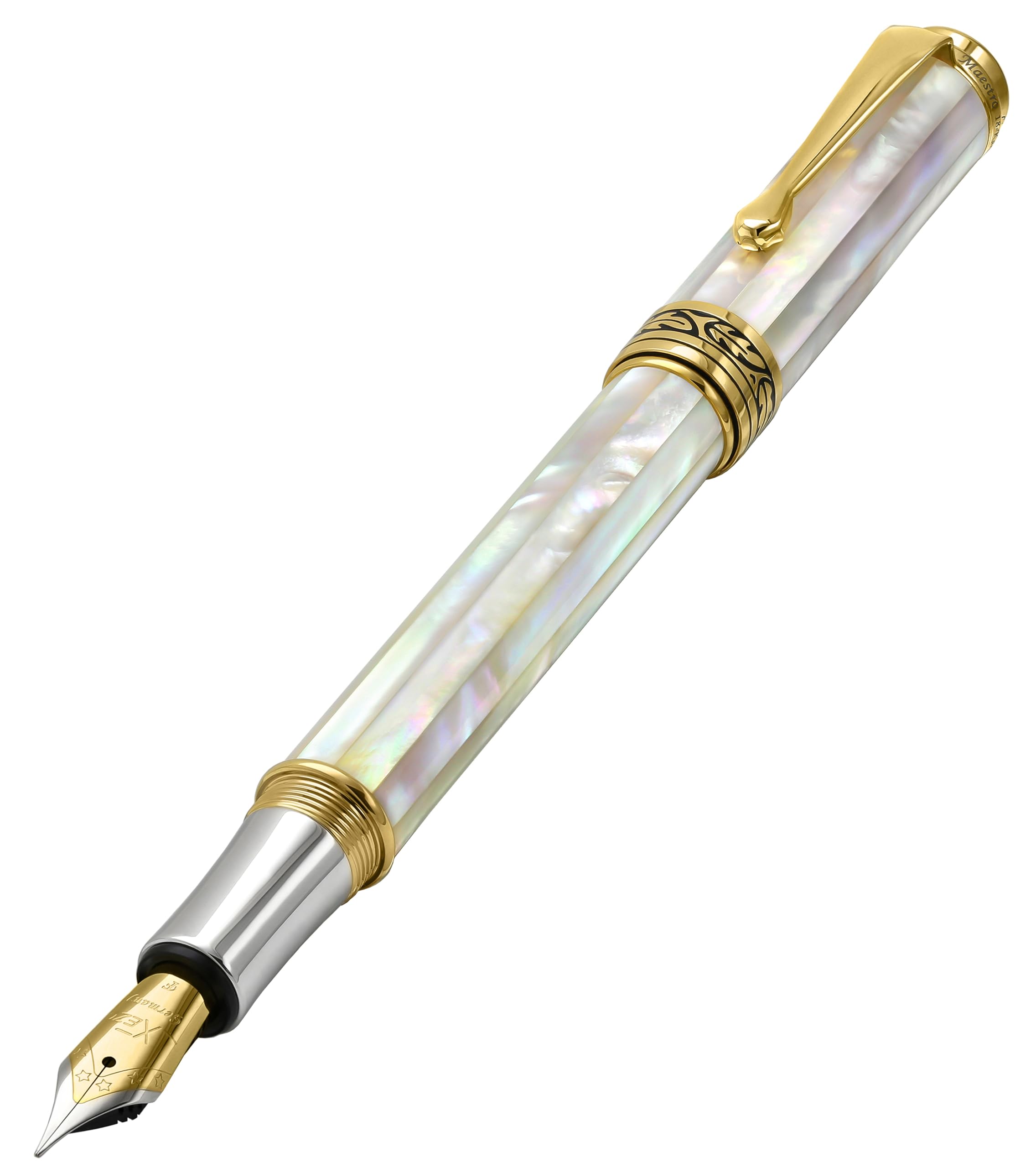 Xezo Maestro Fountain Pen, Fine Nib. Oceanic Origin White Mother of Pearl with 18 Karat Gold and Pure Platinum Plating. Handcrafted, Limited Edition, Serialized