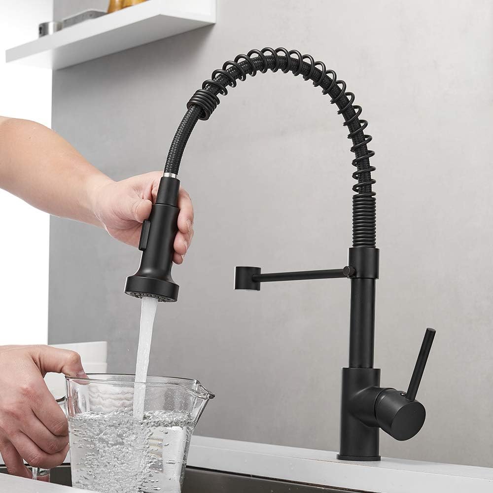 OWOFAN Kitchen Faucets Commercial Solid Brass Single Handle Single Lever Pull Down Sprayer Spring Kitchen Sink Faucet, Matte Black 9009R - - 