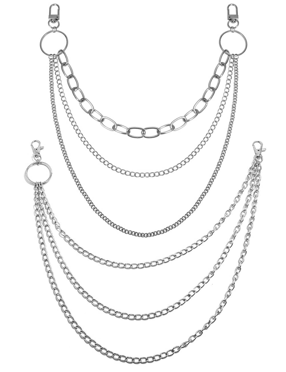 Liitata 2 Pcs Hip Hop Pants Chain Fashion Multilayer Jeans Chains Punk Rock Waist Chain for Women Men Girl Boy Silver