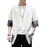 PRIJOUHE Men's Kimono Jackets Cardigan Lightweight Casual Cotton Blends Linen Seven Sleeves Open Front Coat Outwear