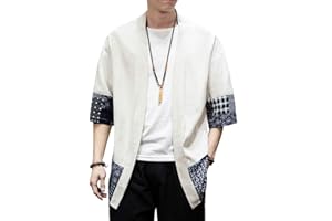 PRIJOUHE Men's Kimono Jackets Cardigan Lightweight Casual Cotton Blends Linen Seven Sleeves Open Front Coat Outwear