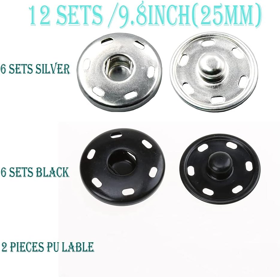 Sew on Snap Buttons 12 Sets Big Metal Snap Fastener Buttons Press Button for Sewing Clothing Silvery and Black (Large Size 0.98IN /25mm)