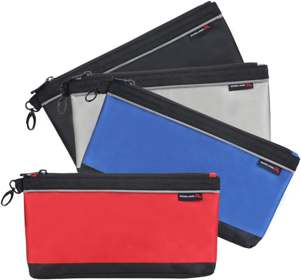 IRONLAND Utility Bag, 4 Pack Zipper Tool Bags Waterproof Heavy Duty in Blue, Grey, Red, Black 1680D Tool Pouch (7/9/10/12 Inch) - - 