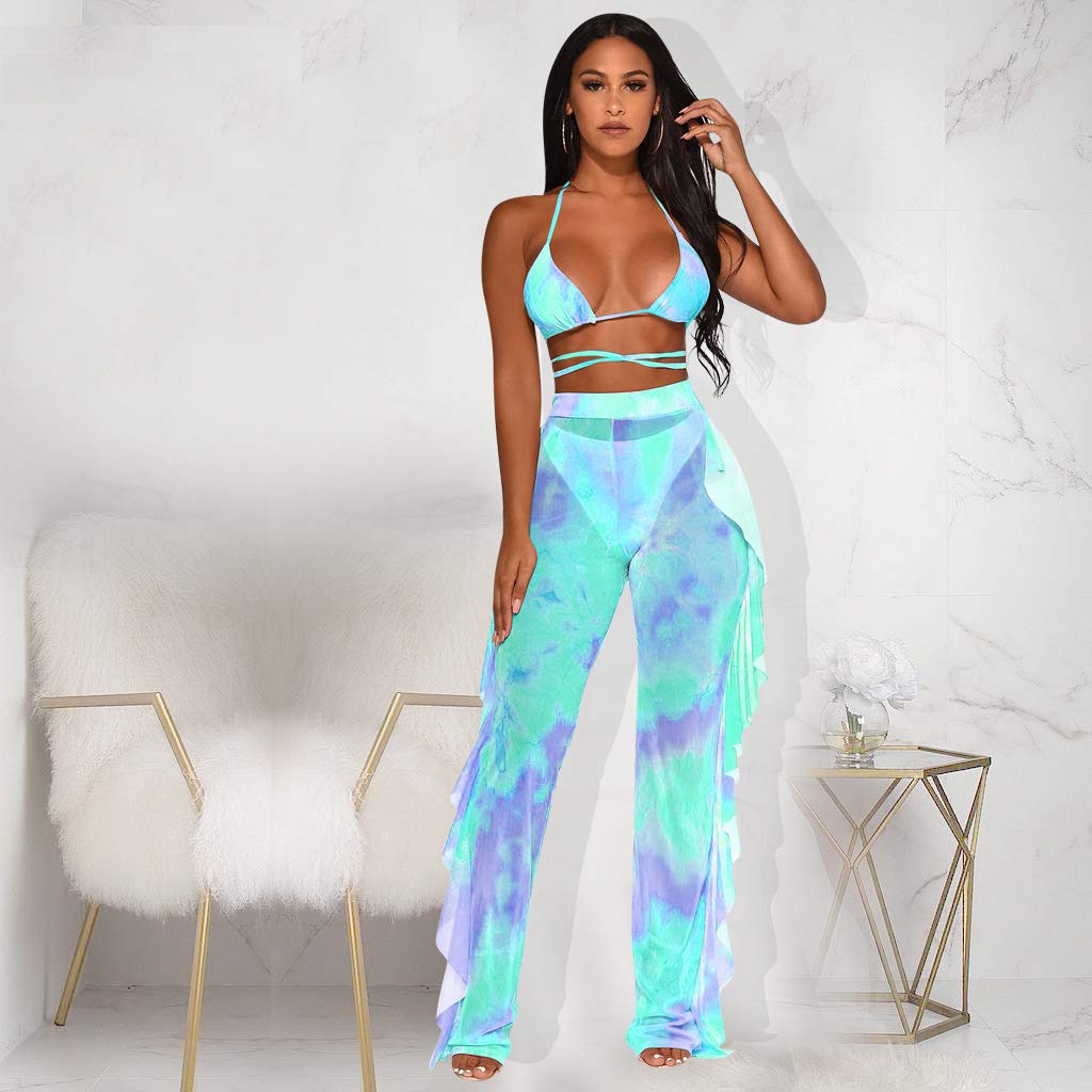 ECHOINE Women\'s Sexy Beach Swimsuit Mesh Cover Up See Through Two Piece Outfits Clubwear with Briefs Green