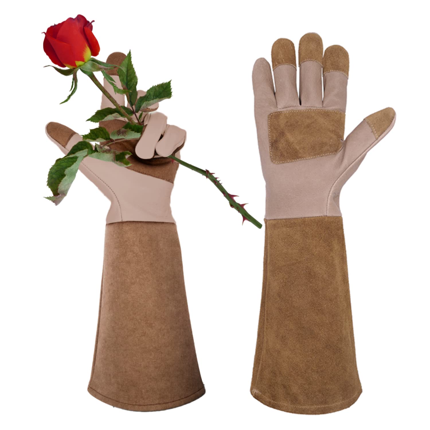 AIGEVTURE Rose Pruning Gloves Long Sleeve Thorn Proof,Rose Gardening Gloves for Men Women Long Gauntlet,Grain Cowhide Leather Brown(Small)