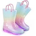 EUXTERPA Girls Glitter Light Up Waterproof Rain Boots Toddler Kids Rainbow Boots with Easy On Handles