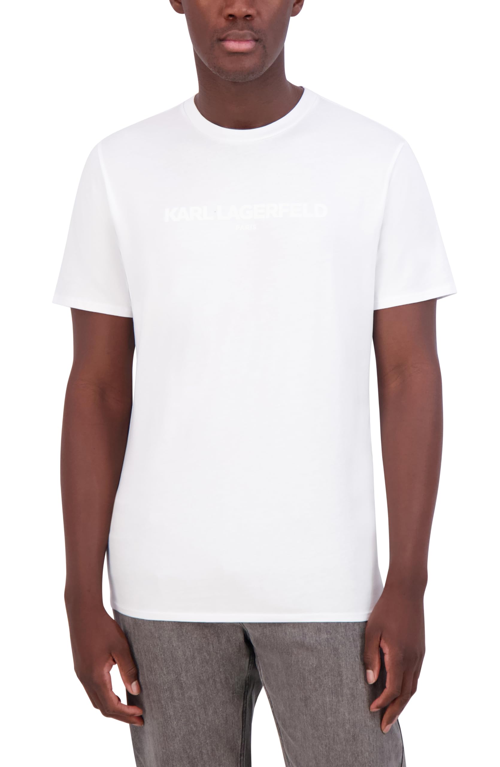 Karl Lagerfeld Paris Men's Soft Crew Neck Tonal Logo Short Sleeve T-Shirt, White, Small Image Karl Lagerfeld Paris Men's Soft Crew Neck Tonal Logo Short Sleeve T-Shirt, White, Small Image
