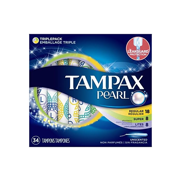 Tampax Pearl Plastic Tampons Light/Regular/Super Absorbency Multipack, Unscented, 34 Count - Pack of 6 (204 Total Count)