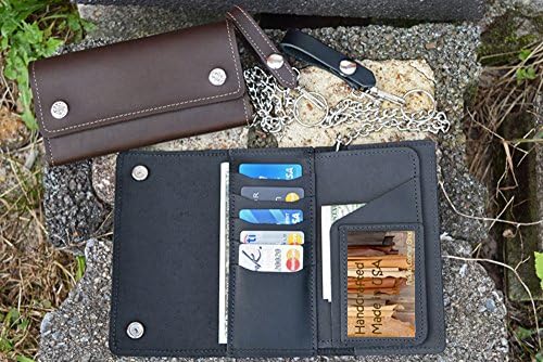 American made Black Top Grain Leather Trucker Biker Chain Wallet with Oak Leaf design snaps for closure