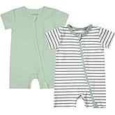 Teach Leanbh Unisex Baby 2 Pack Pajamas Cotton Short Sleeve 2 Way Zipper Stripe Soild Romper Jumpsuit Sleep and Play