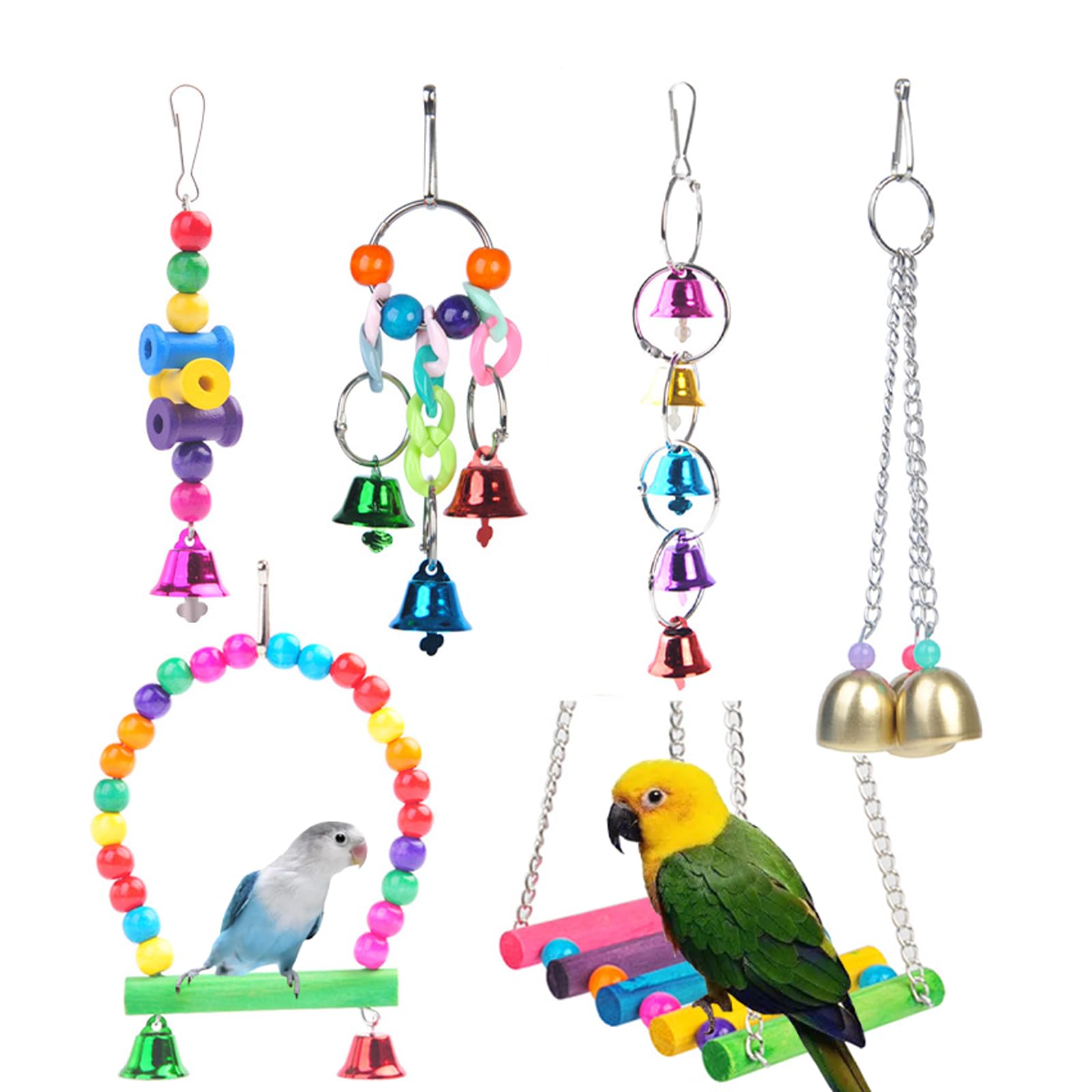 QeeHeng 6 PCS Parrot Toys Wooden Bridge Swing Bridge Stand Hanging Bell Budgie Toys and Accessories for Parrots,Small Parakeets Cockatiels, Macaws, Parrots, Love Birds, Finches