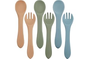 Nuenen 6 Pieces Silicone Baby Feeding Forks and Spoons Set Hot Safety First Stage Self Feeding Supplies Mini Kids Utensils for over 6 Months Babies Boy Girl Toddlers First Foods (Nature Color)