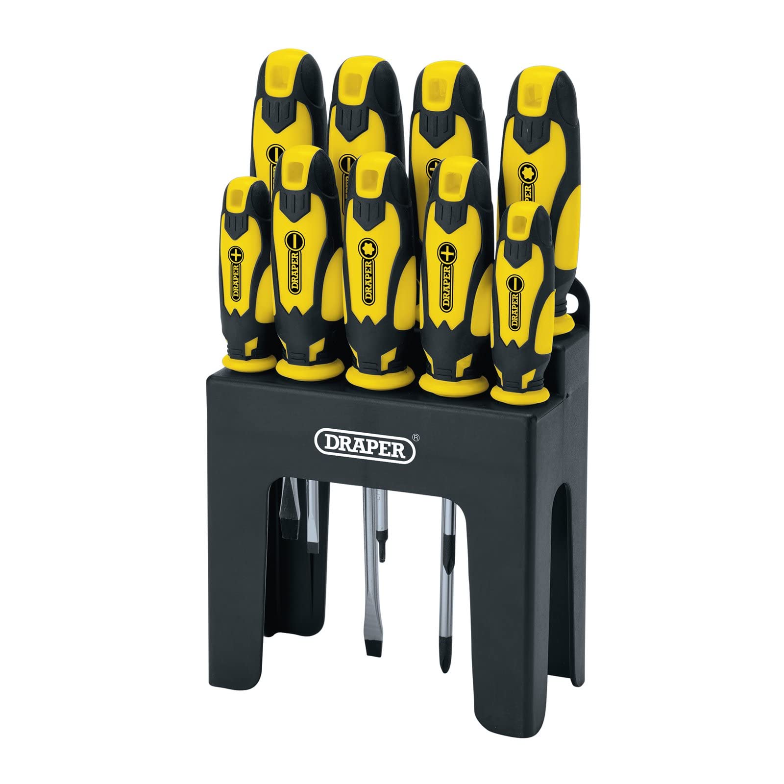 Draper 9 -Piece Screwdriver Set | Chrome Vanadium Steel Screwdrivers Set | Soft Ergonomic Grip Handle | Storage Stand | 16728
