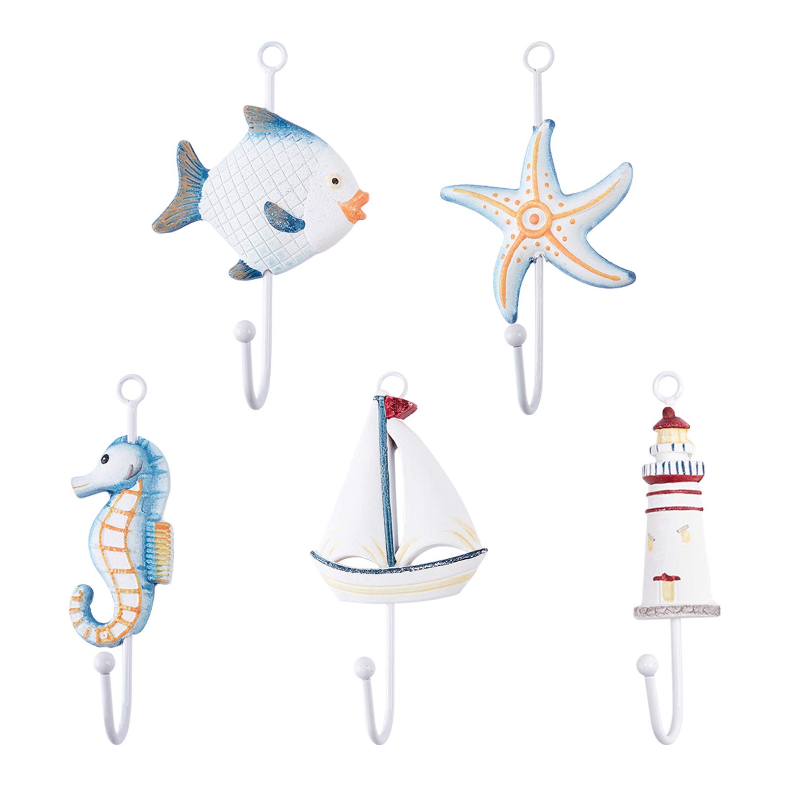SUPERFINDINGS 5pcs Wooden Mediterranean Style Wall Hooks Sea Horse Fish Starfish Sailboat Beacon Shape for Towel Robe Coat Hat Hooks Hangers Key