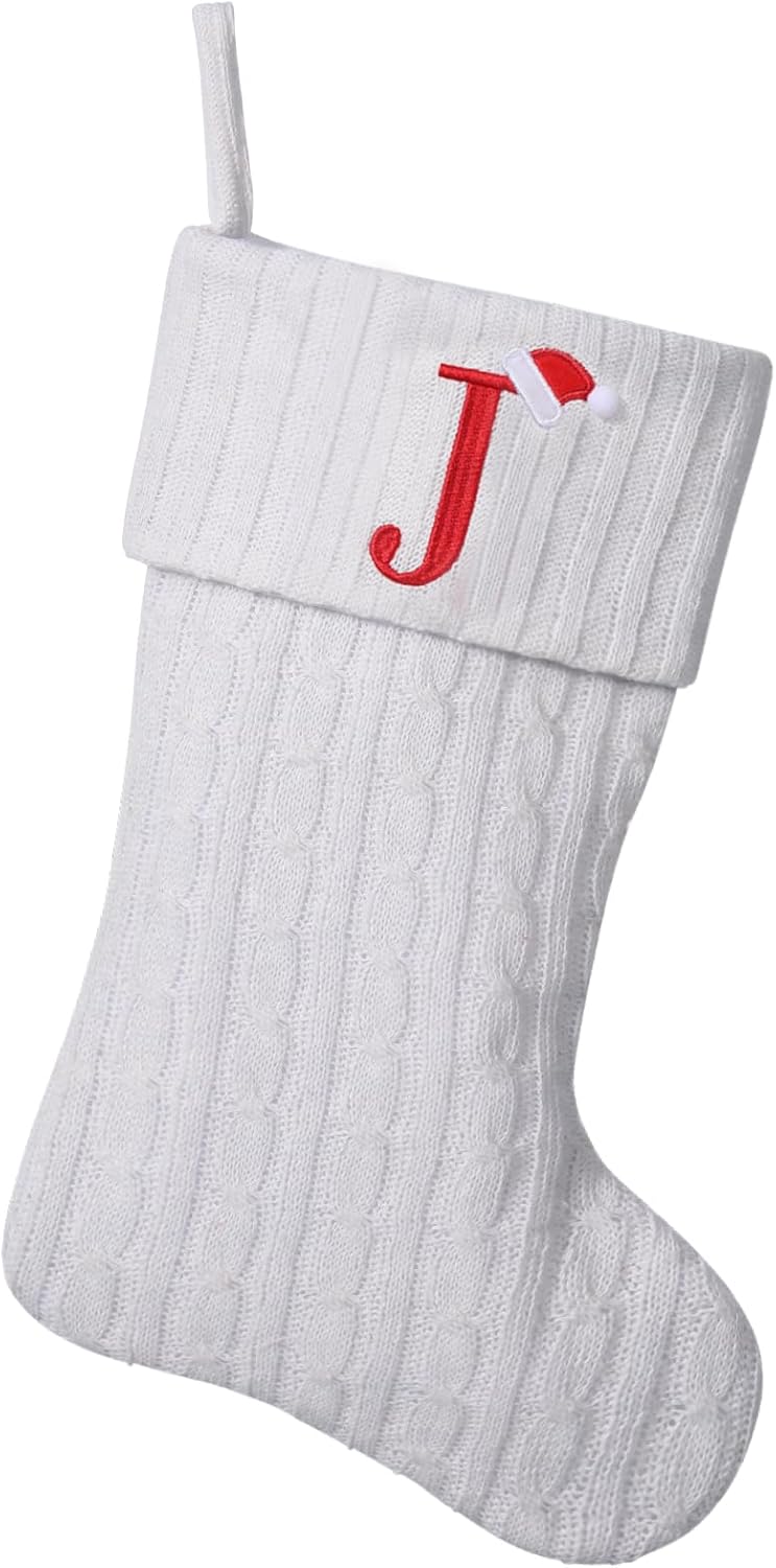 Stockings & Holders - Yehnois19.5-inch White Knit Monogram Christmas Stockings, Personalized Initial Christmas Stocking, Family Holiday Xmas Party Decor (Letter J)