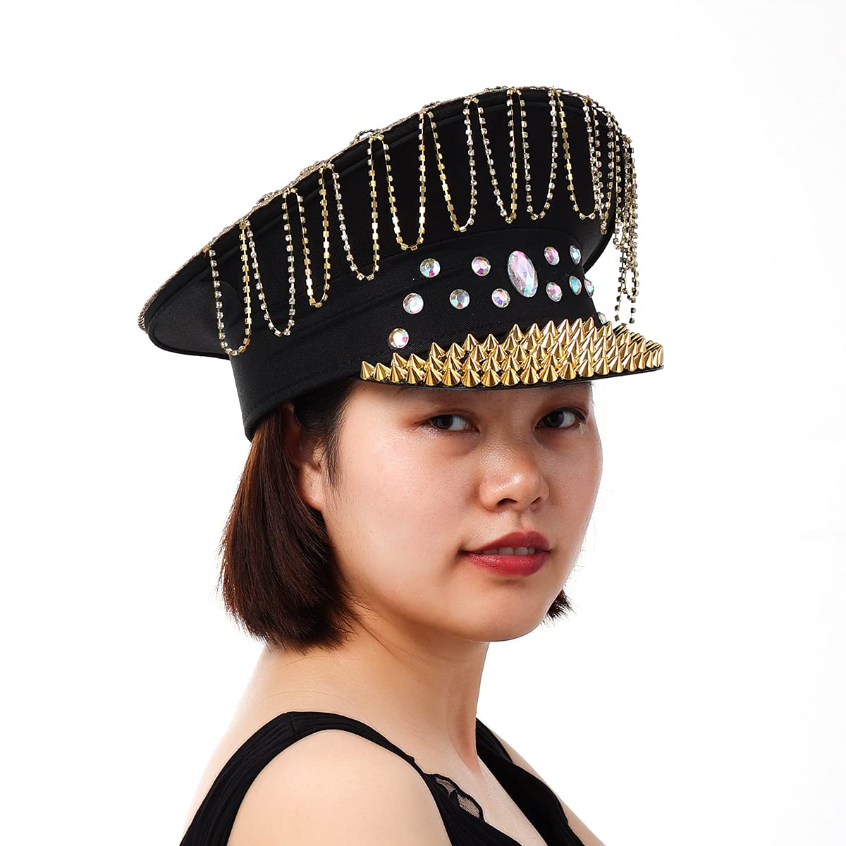 COSDREAMER Men's Military Cap Festival Burning Man Hat Sequin Military Captain Top Hat Adults Steampunk Headwear Cap