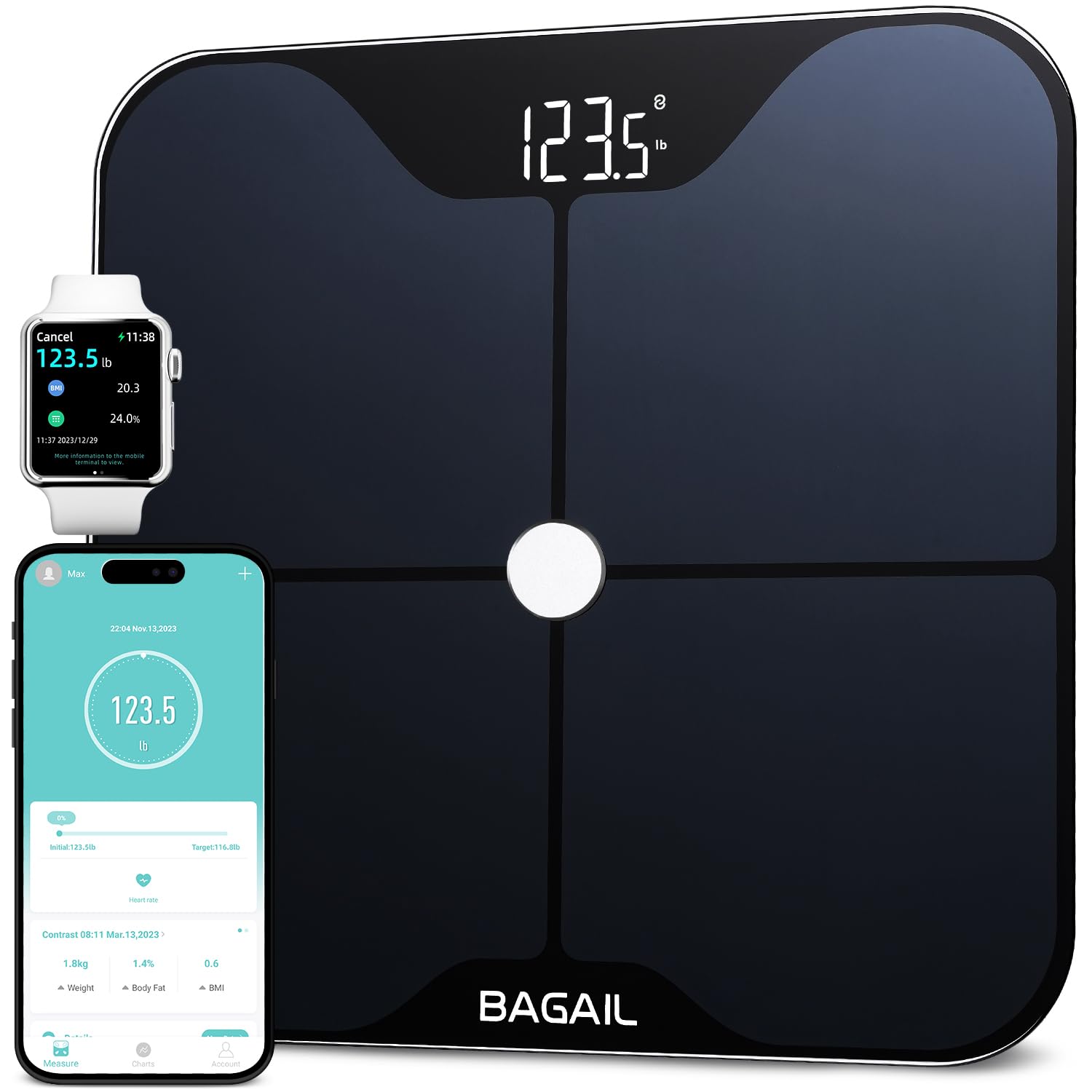 BAGAIL BASICS Smart Scale for Body Weight, Digital Bathroom Scale with ITO Coating, Accurate Body Fat BMI Scale with Bluetooth, Full Body Composition Analysis, Health Monitor for Weight Loss, 400lb