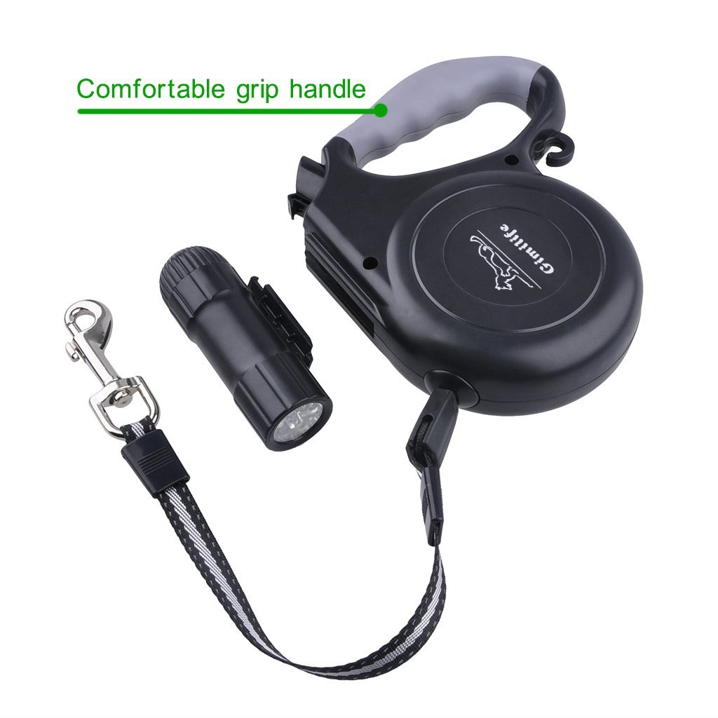 Gimilife 16ft Retractable Dog Leash with Detachable Flashlight LED Torch For Small Medium Large Pets- ABS Nylon TPE (Black)