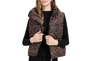Puffer Vest Womens Leopard Print Vest Stand Collar Sleeveless Quilted Fluffy Padded Jacket with Pockets
