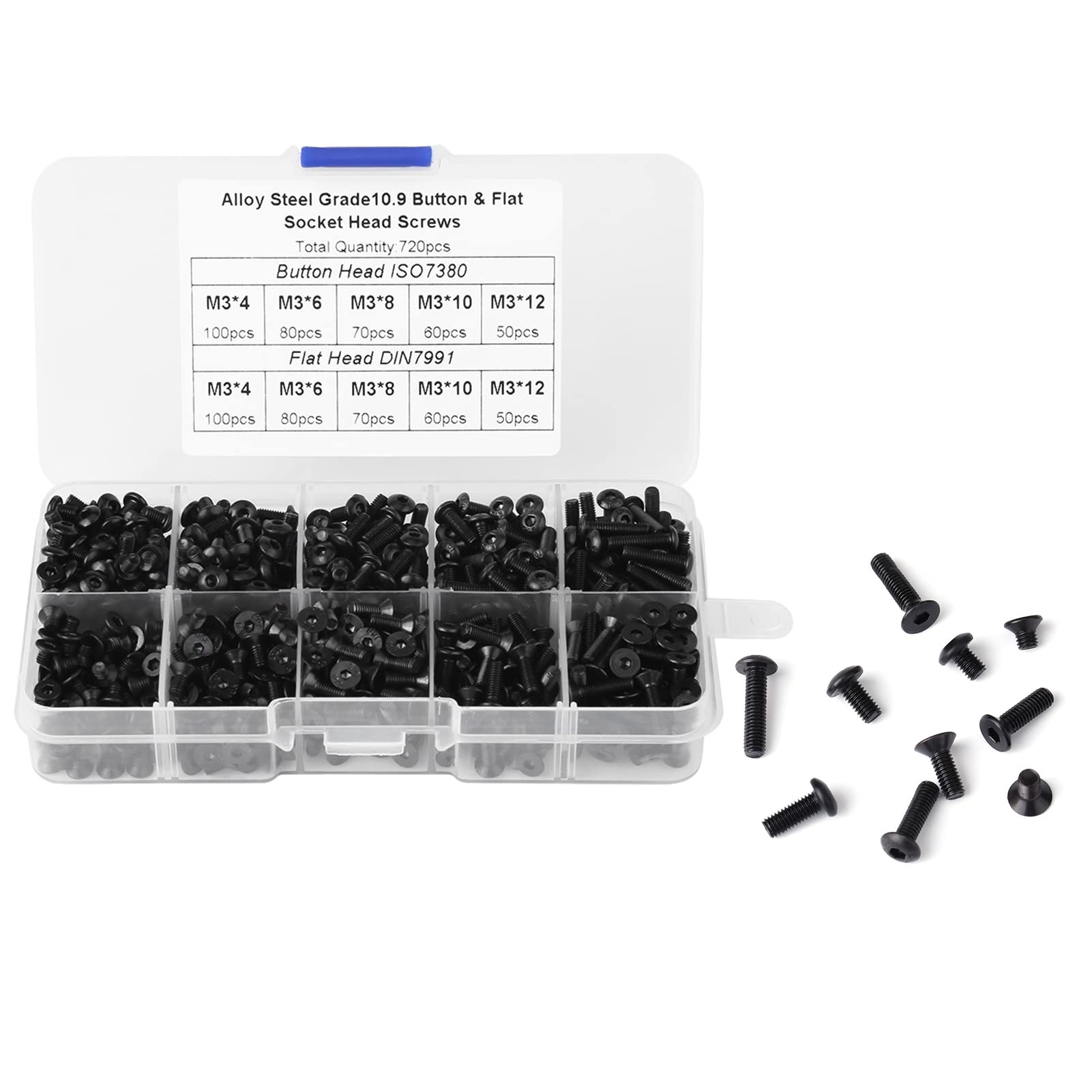Hilitand 720 Pcs M3 Screw Set Black Alloy Steel Button Flat Head Socket Cap Screws Countersunk Screw Set with Plastic Box