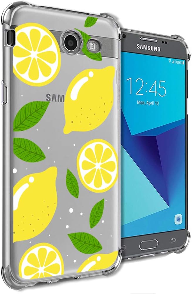 Girly Case for Samsung Galaxy J7 Perx, J7 Prime, J7 Sky Pro, J7 V, Galaxy J7 2017 Clear with Lemon Design Shockproof Bumper Protective Cell Phone Case for Girls Women Man Soft Summer Floral Back Cover