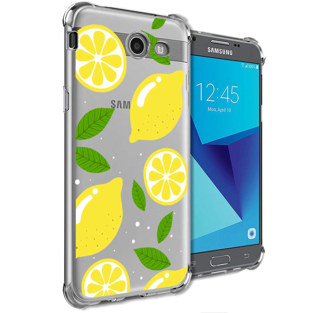 Girly Case for Samsung Galaxy J7 Perx, J7 Prime, J7 Sky Pro, J7 V, Galaxy J7 2017 Clear with Lemon Design Shockproof Bumper Protective Cell Phone Case for Girls Women Man Soft Summer Floral Back Cover