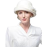 HIMESPORT Women's Black White Wool Felt Cloche Hat with Bow Formal Church Tea Party Dress Cocktail Rolling Brim Hats