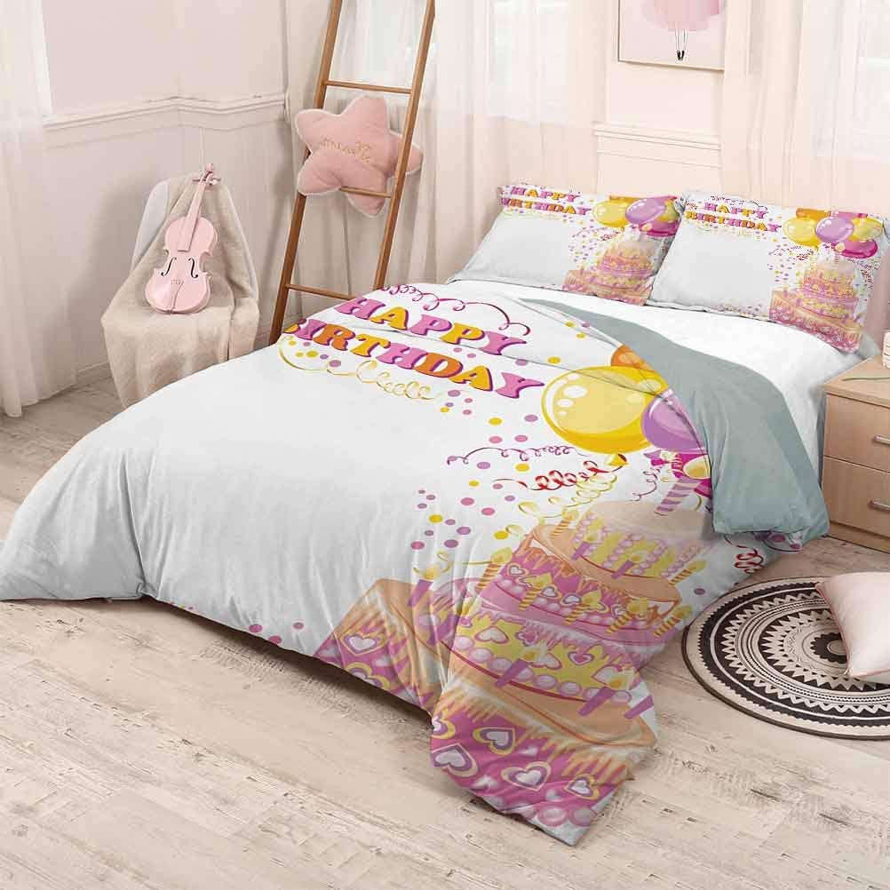 HELLOLEON Kids Birthday Extra Large Quilt Cover Celebration Girl Themed Party Cake Candles Balloons Hearts Image Print Can be Used as a Quilt Cover-Lightweight (King) Pink and Orange