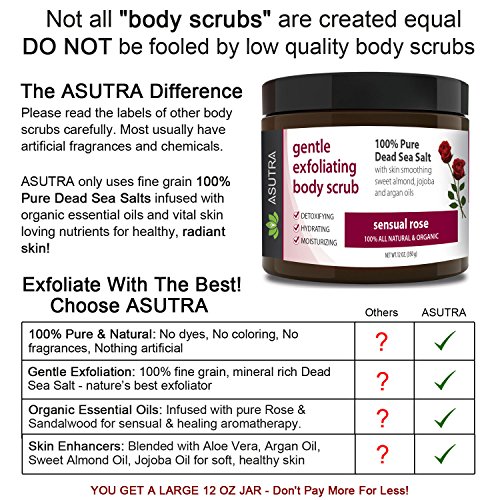 Best ORGANIC Exfoliating Body Scrub - "SENSUAL ROSE" - 100% Pure Dead Sea Salt Scrub / Ultra Hydrating & Moisturizing with SKIN SMOOTHING Jojoba, Sweet Almond & Argan Oils - 12oz...