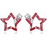 Grmdit Star Earrings for Women 925 Sterling Silver Cat Stud Earrings Red Christmas Animal Jewelry Gifts for Women