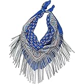 Hey Song Rhinestone Fringe Bandana Scarf for Women Floral Print Triangle Scarf with Bling Tassels Cowgirl Neck Accessory