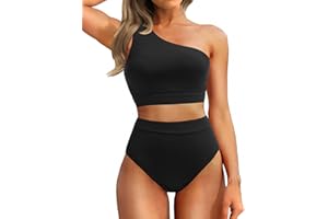 Holipick Women One Shoulder High Waisted Bikini Sets Two Piece Swimsuit Tummy Control Bathing Suit Full Coverage Swimwear