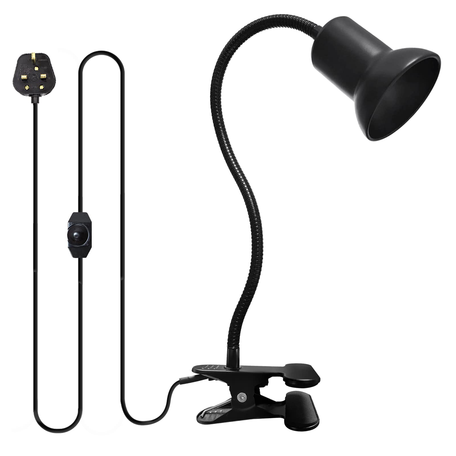WEEVDRIE E27 Clip Desk Lamp，360° Rotating Ceramic Spotlight，Basking Lamp Reptiles w/ 220CM Cord，E27 Adjustable Turtle Light Holder Flexible Reptile Lamp Fixture Lizards Turtles，Black (R70149.TB)