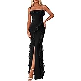 PRETTYGARDEN Women Bodycon Maxi Dress Mesh Ruffle Spaghetti Strap Square Neck Formal Cocktail Wedding Guest Spring Dresses